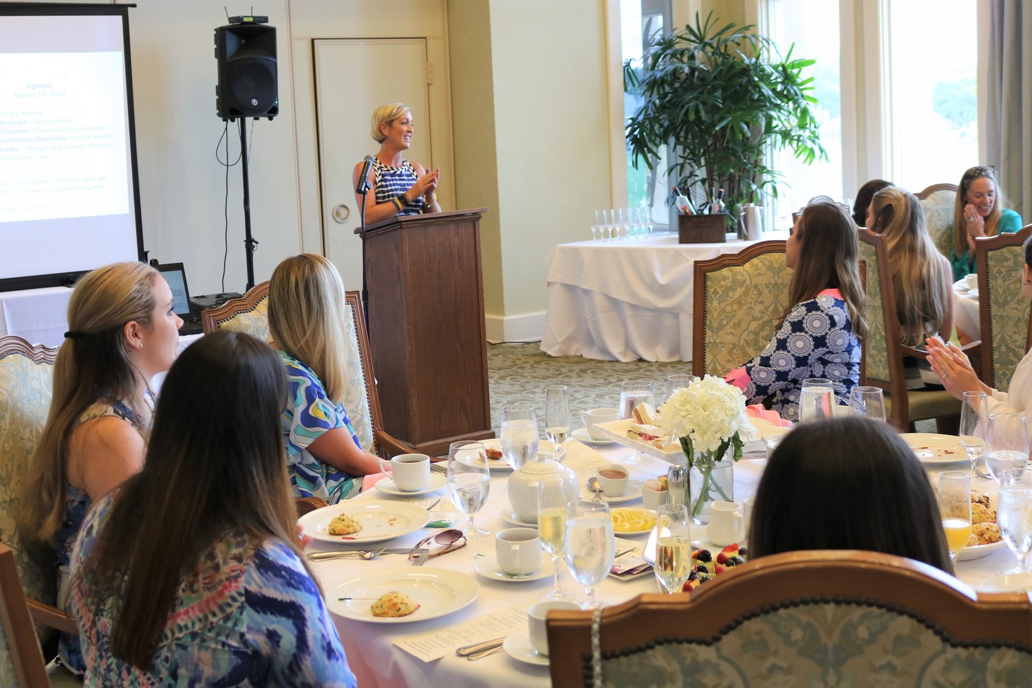 Casey Andeer addresses the Nemours Fund for Children's Health Women's Committee at the tea party and luncheon.